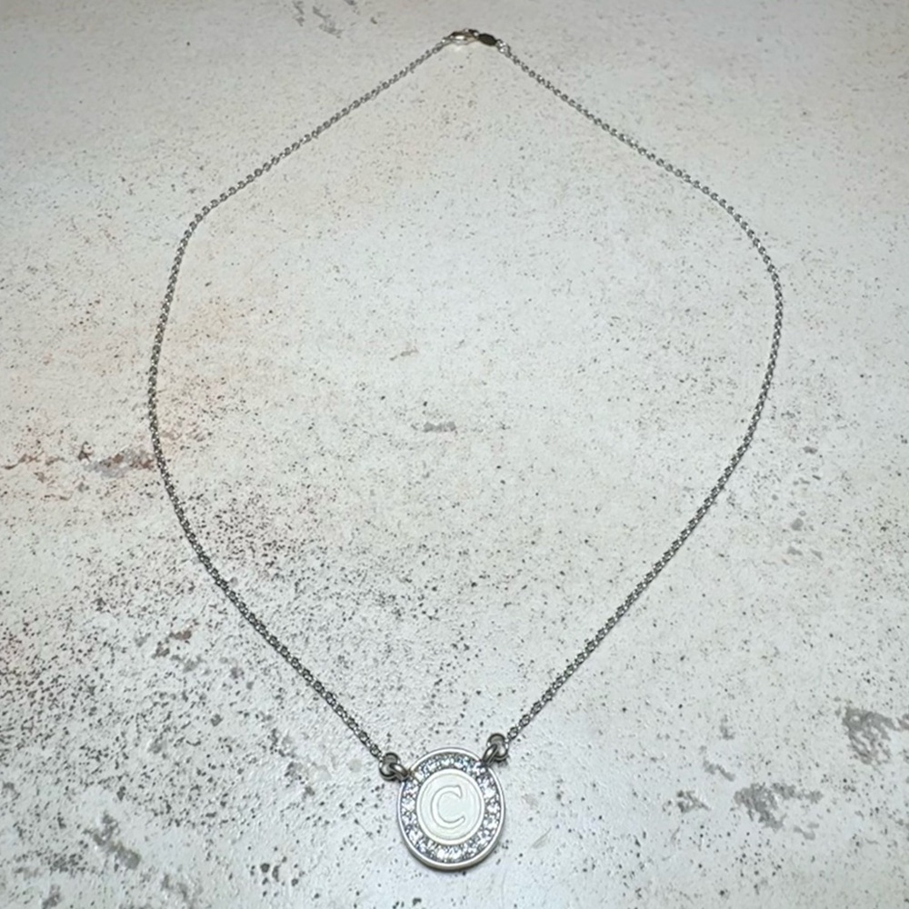 White Gold Bonded “C” Letter Necklace with Rhinestone Halo